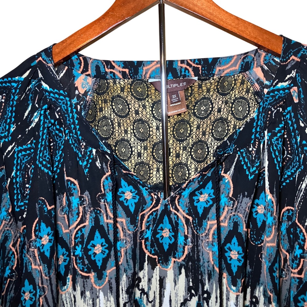 Multiples Peasant Blouse Women 3X Blue Boho Mixed Print Tassel Lace Trim Top - Picture 2 of 12